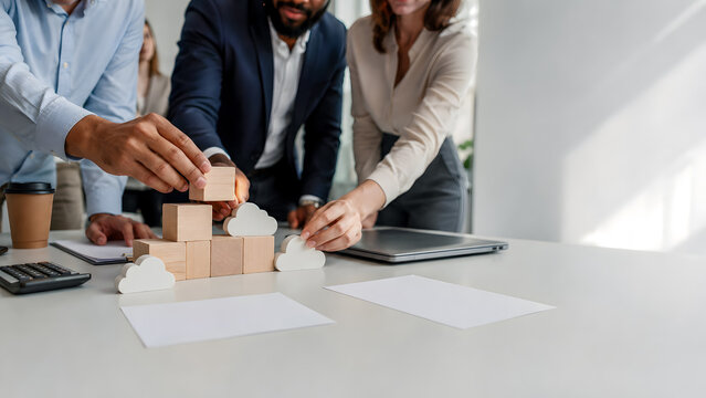 Business Team Building Cloud Strategy with Wooden Blocks
