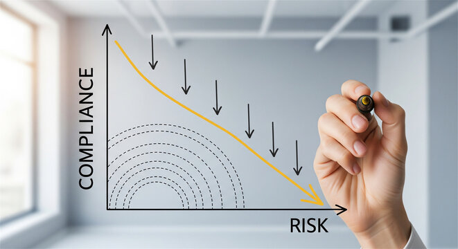 Business compliance and risk management graph, hand drawing downward arrow on chart, corporate strategy and regulatory oversight concept