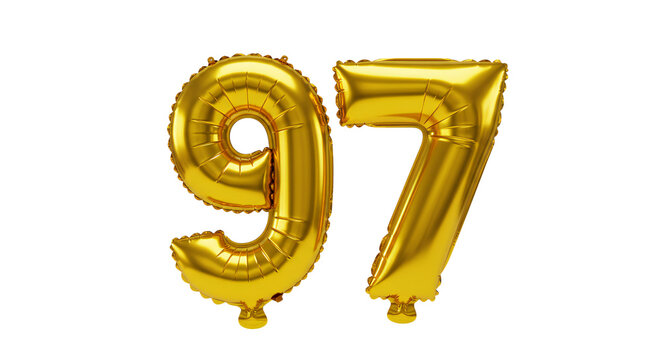 A gold balloon in the shape of the number 97 floats in the air.