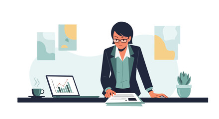 A professional woman in a suit stands at her desk, reviewing documents next to a laptop displaying charts and a steaming cup of coffee. © Samsul