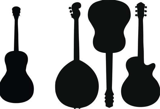 Black silhouette collection of string musical instruments featuring acoustic guitar banjo and ukulele isolated on white background for design projects