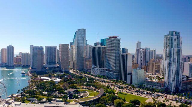 Overhead views of Miami skyline showcasing urban growth and waterfront development along Biscayne Bay