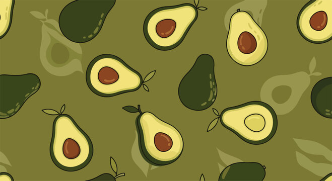 Vibrant green background with a repeating pattern of whole and halved avocados in various orientations and shades