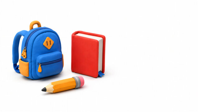 3D clay illustration of school supplies. Blue backpack, red book, and yellow pencil on white background. Back to school education concept. Copy space for text