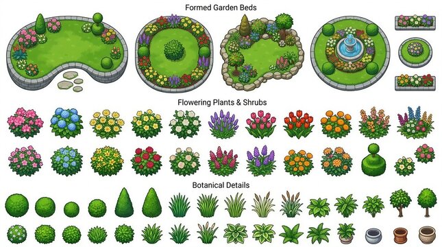 Garden bed flowering plant illustration set with shrubs flowers pots foliage topiary bushes grasses and decor