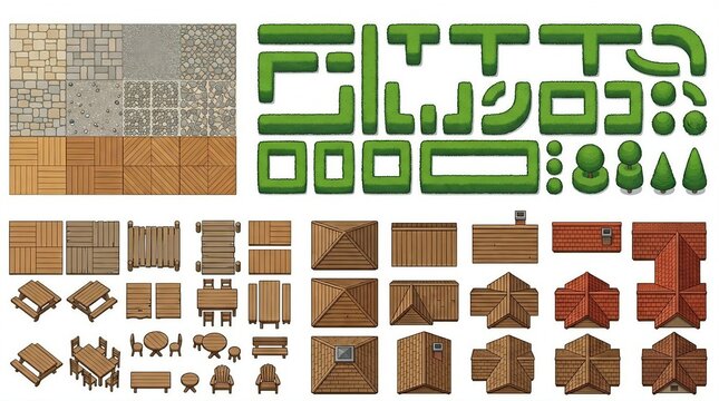 Outdoor game design illustration set with textures hedges trees furniture benches tables chairs roofs and decor