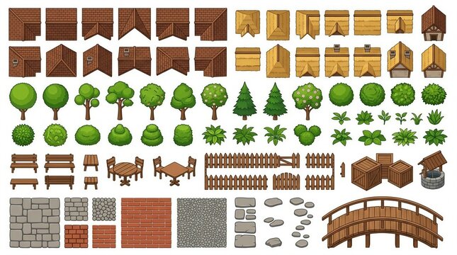 Village outdoor game design illustration set with roofs trees shrubs benches tables fences bridge well and decor