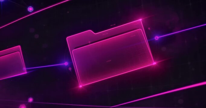 Abstract digital network with glowing folder icons representing data storage and transfer.
