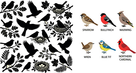 Garden Bird Collection Set with Black Silhouette Pattern and Colorful Sparrow Bullfinch Waxwing Wren Blue Tit Cardinal Nature Wildlife Illustration Vector Design © MDEsmayil