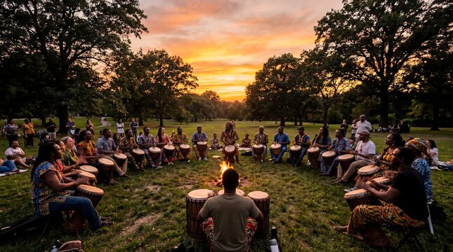 Outdoor community drumming circle celebrating Juneteenth National Independence Day at sunset, fostering unity and cultural heritage