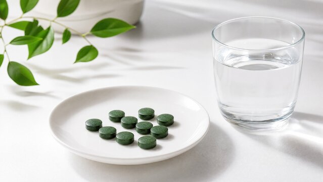 Dark green supplement tablets on white plate with glass of water, minimalist health.