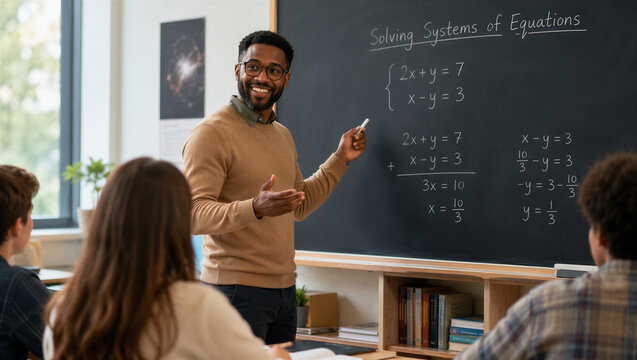 Smiling male math teacher explaining equations on blackboard. Black teacher lecturing high school or college students in classroom. Back to school concept