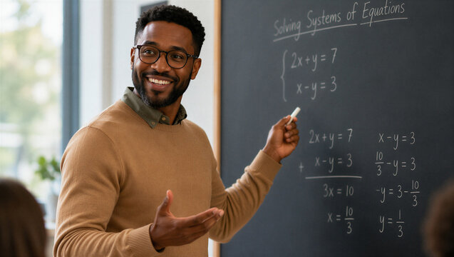 Portrait of smiling male teacher explaining math lesson. Happy Black teacher gesturing in front of blackboard with equations. Back to school concept