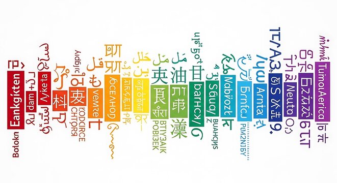 Abstract Rainbow Word Cloud with Multilingual Scripts and International Languages on White Background.
