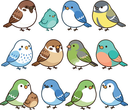 Cute Kawaii Chubby Bird Collection Set with Colorful Pastel Sparrow Finch and Songbird Characters Adorable Cartoon Style Illustration Vector Design