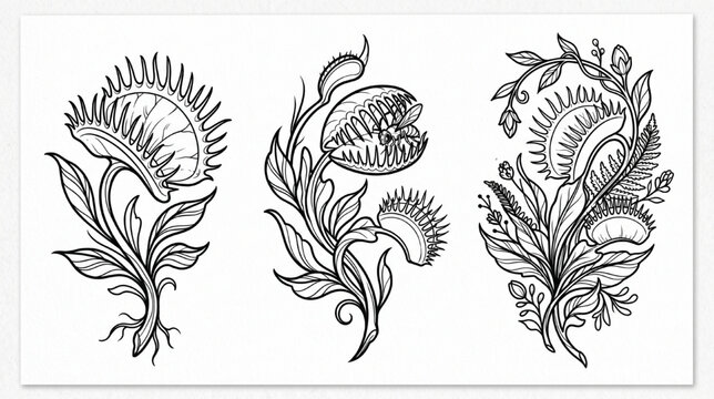 Venus Flytrap Tattoo Flash Sheet Vector Set with Open Trap Aggressive Attack Pose and Botanical Composition Isolated on White