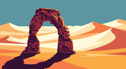 Stunning desert landscape vector illustration of Delicate Arch with dramatic shadows, a timeless natural monument in a sandy terrain under a clear blue sky, perfect for travel and nature themes © Purnomo