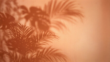 Soft shadows of palm leaves cast on a warm-toned wall, creating an artistic and serene atmosphere. Ideal for backgrounds or nature-themed designs. © mocklyn