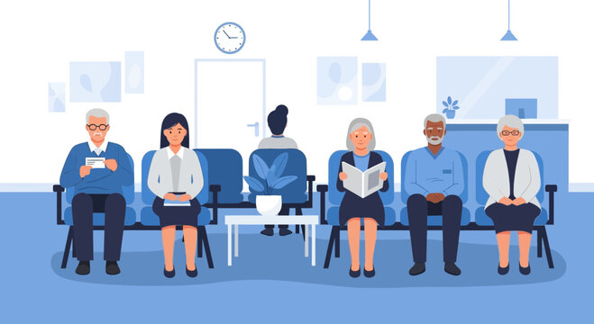 Diverse people waiting in a doctor's office reception area, diverse ages and ethnicities