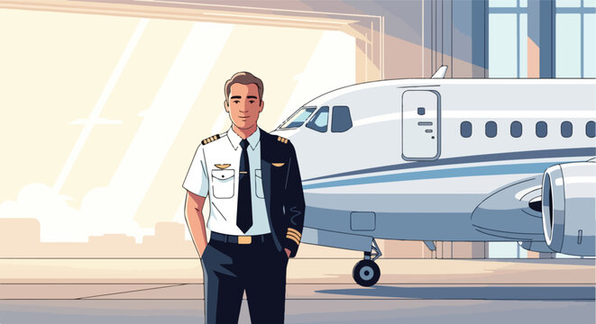Confident pilot stands by jet at airport