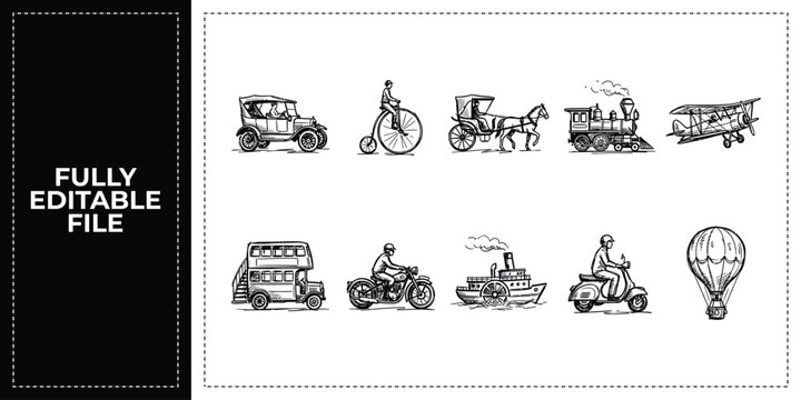 Black ink scribble historical transport and train icon set featuring hand drawn doodle sketch vector illustrations of carriages and maps for antique travel museum posters.