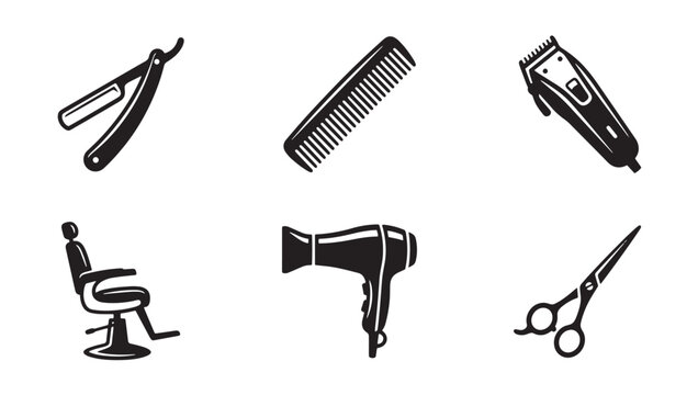Professional barbershop and hairdressing equipment icons with hairdressing grooming scissors illustration collection equipment professional barbershop barbering monochrome isolated coiffure