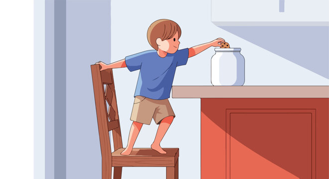 Child reaching for a cookie from a jar on a counter