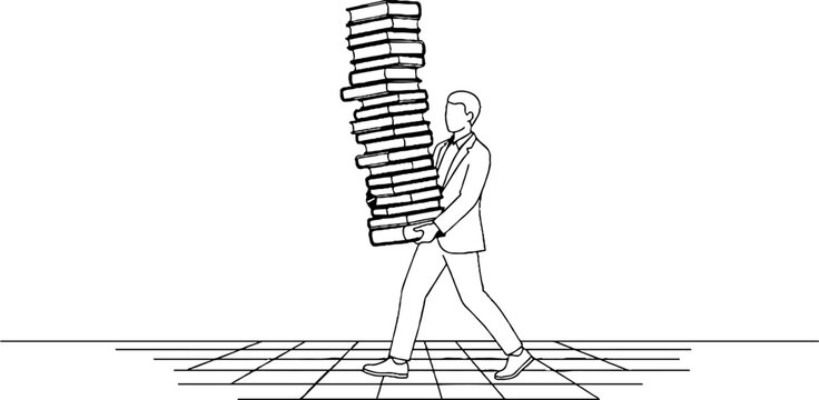 Person struggling with heavy stack of books on back.