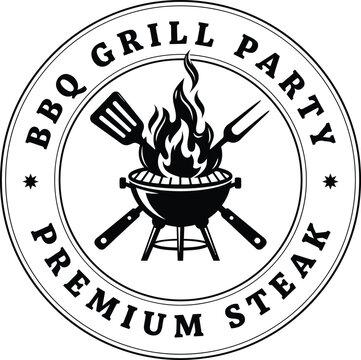 BBQ Grill Party with Flaming Steak and Utensils Circular Emblem for Summer Celebration