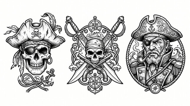 Pirate Tattoo Flash Sheet Vector Set with Skull Tricorn Hat Crossed Cutlass Emblem and Weathered Captain Portrait Isolated on White