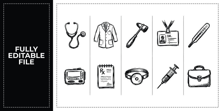 Black ink scribble medical diagnostics and doctor icon set featuring hand drawn doodle sketch vector illustrations of thermometer and ids for clinic service app visuals.