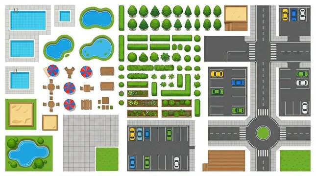 Urban park design illustration set with pools roads cars sidewalks benches tables umbrellas trees shrubs and decor