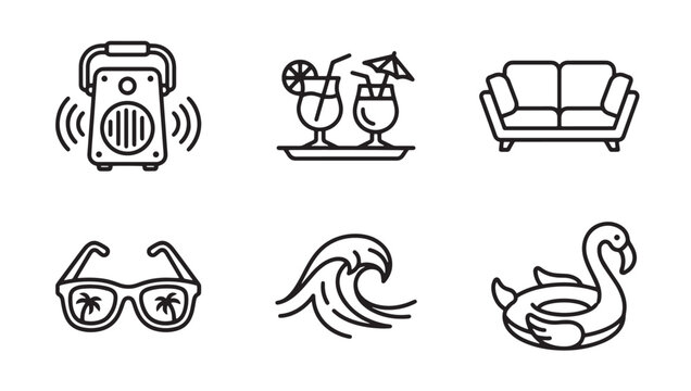 Summer vacation and beach holiday icon set with vacation cocktail sunglasses flamingo lifestyle relaxation tropical furniture accessory sunshine illustration collection activity