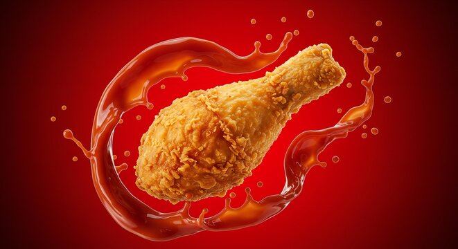 Fried chicken leg flies through splashing hot sauce in kitchen