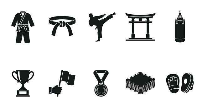 Minimal flat silhouette icon pack featuring martial arts equipment, karate uniform, black belt, fighter kick pose, dojo gate, punching target, trophy cup, referee flag, medal, and training mat