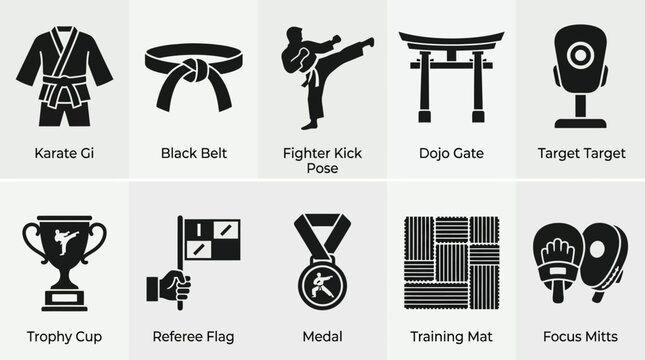 Minimal flat silhouette icon pack featuring martial arts equipment, karate uniform, black belt, fighter kick pose, dojo gate, punching target, trophy cup, referee flag, medal, and training mat