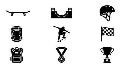 Fototapeta premium Simple flat silhouette vector icons of skateboarding culture, skateboard, half pipe ramp, skateboard helmet, knee pad, jumping skater, finish flag, sports backpack, winner medal, and trophy cup