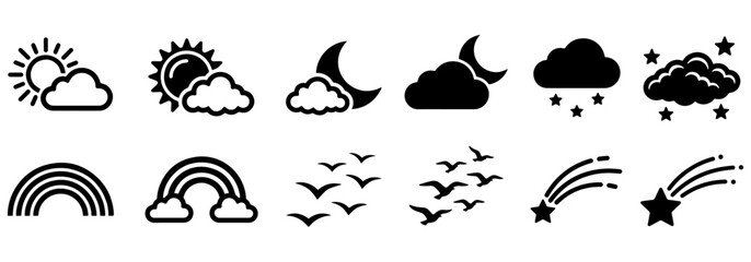 Fototapeta premium Weather Icon Vector, various conditions including sun, clouds, moon, rainbows, birds, and shooting stars
