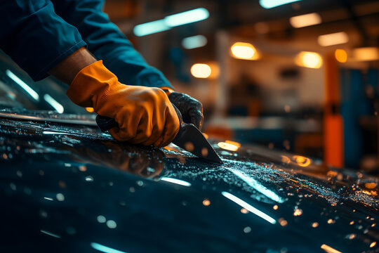 Gloved Hands Applying Dent Repair Tool on Black Car Body Panel, Cinematic Macro Detail, Industrial Spotlight