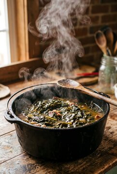 Traditional collard greens cooking for Juneteenth National Independence Day celebration