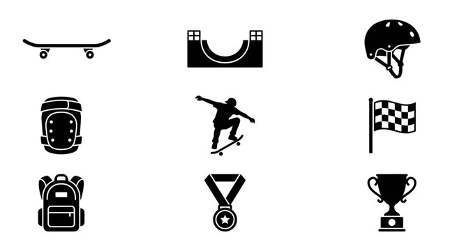Simple flat silhouette vector icons of skateboarding culture, skateboard, half pipe ramp, skateboard helmet, knee pad, jumping skater, finish flag, sports backpack, winner medal, and trophy cup