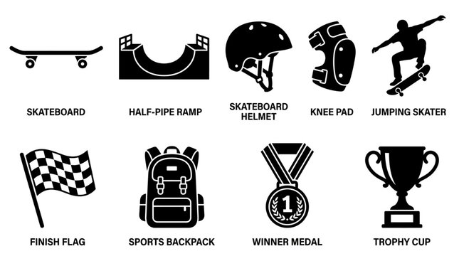 Simple flat silhouette vector icons of skateboarding culture, skateboard, half pipe ramp, skateboard helmet, knee pad, jumping skater, finish flag, sports backpack, winner medal, and trophy cup