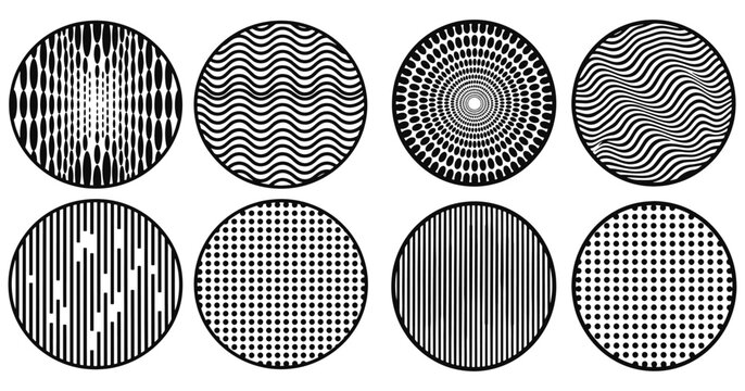 Geometric circular optical illusion patterns vector set with abstract wave line and spiral texture design elements, geometric, circle, optical, illusion, pattern, vector, set, abstract, wave, line