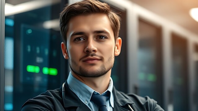 An IT technician in a data center, working among server racks.