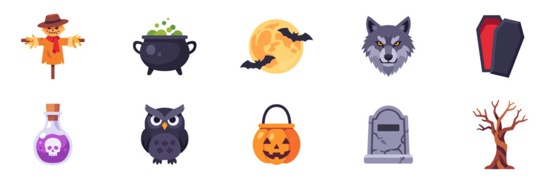 Set of Halloween spooky icons with cauldron, tombstone, moon, potion, owl, scarecrow, tree, candy bucket, coffin, and werewolf for party decoration, colorful collection with illustrations