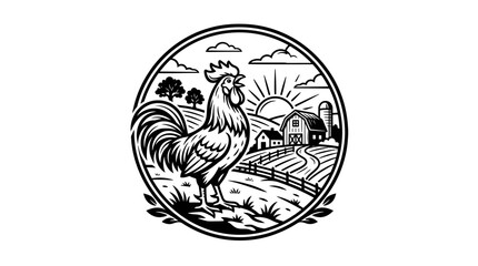 Rooster Farm Animal Black White Illustration. © Mojah