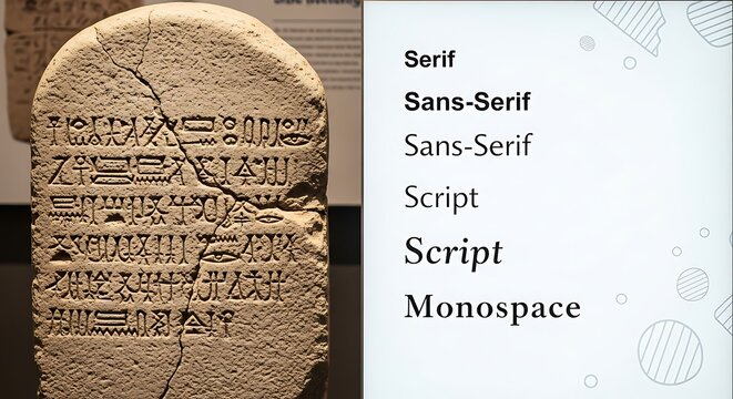 Ancient Egyptian hieroglyphics stone tablet compared with modern typography font styles.