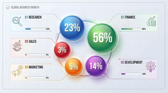 Global business growth infographic template with 3D percentage charts