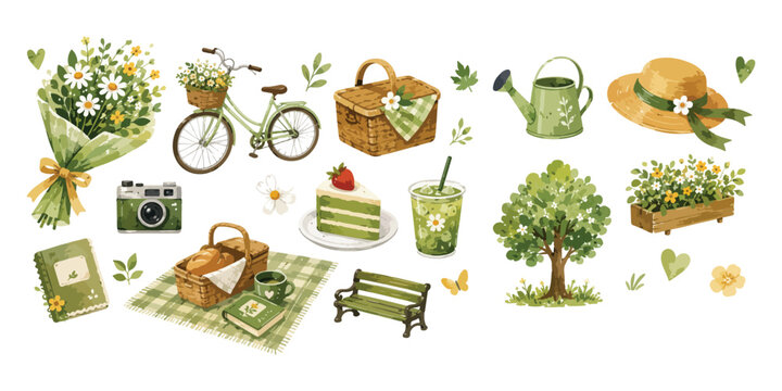 Watercolor fresh green picnic and spring garden elements