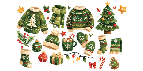 Obraz premium Watercolor cozy green christmas sweater and winter elements set